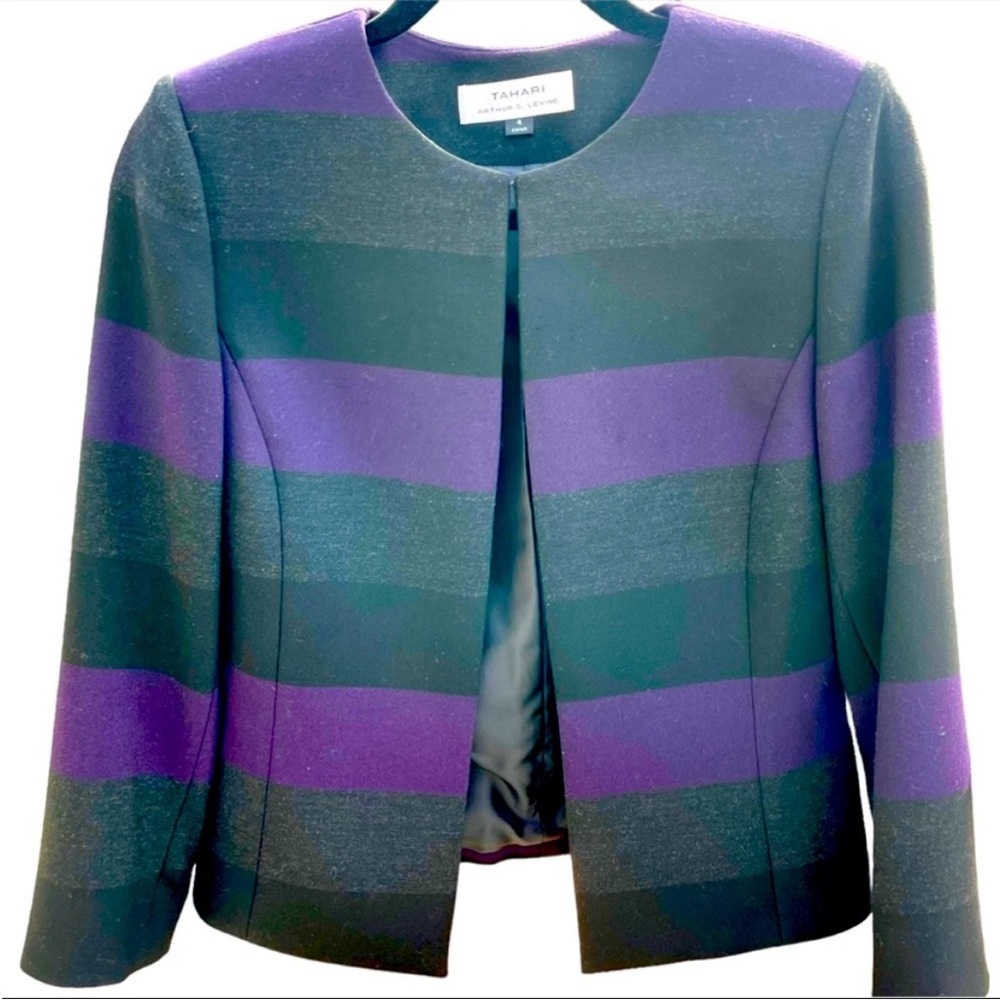 Tahari Blazer Striped Collarless Purple Gray Black Women's Size 4